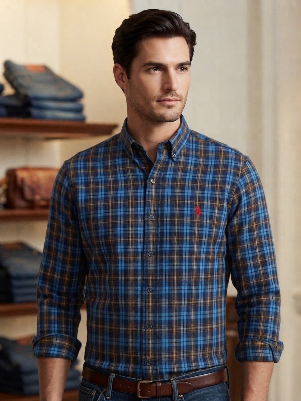 Polo by Ralph Lauren Blue and Brown Plaid Button-Down Shirt